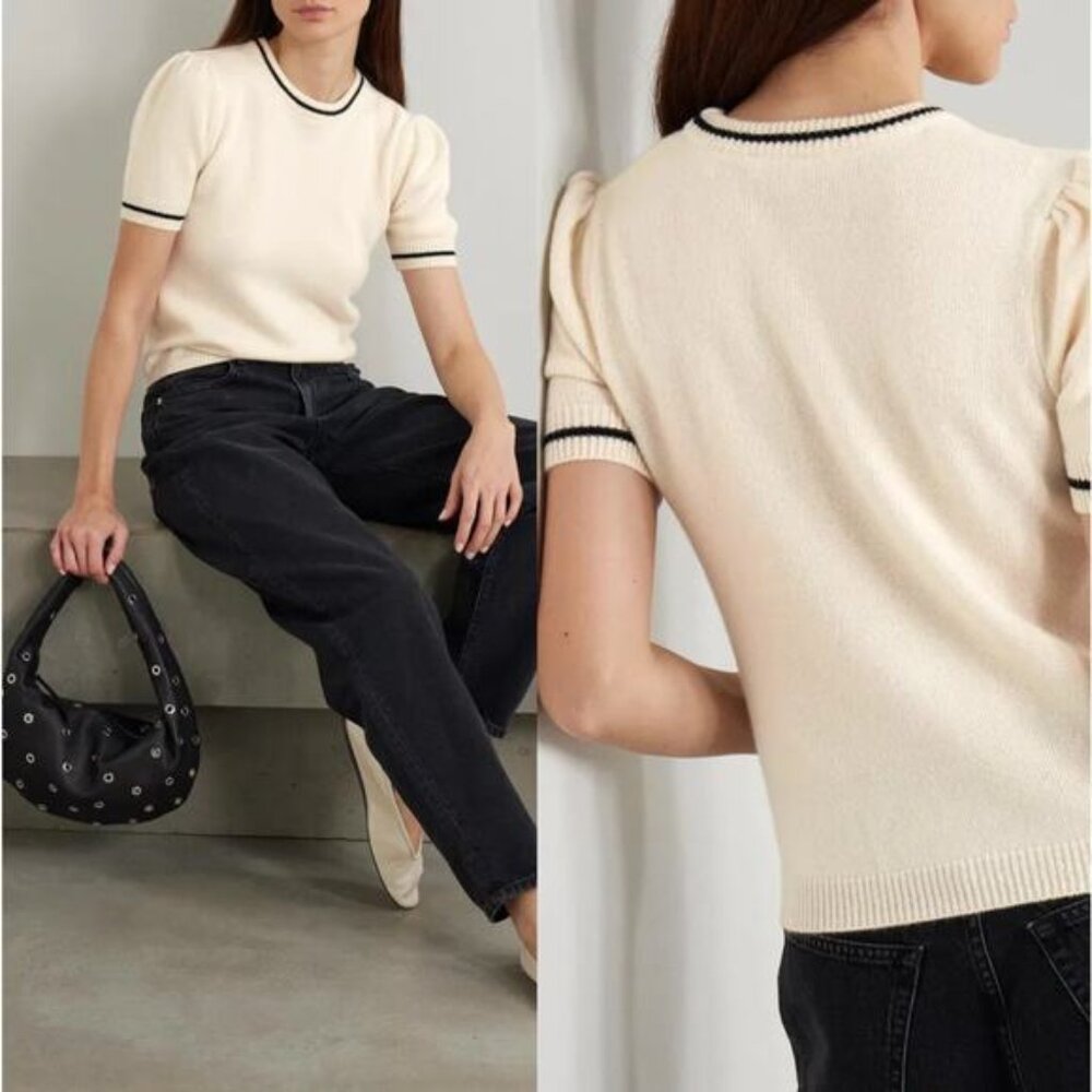 NEW FRAME Short Sleeves Gathered Striped Cashmere Sweater Cream Size: Small
